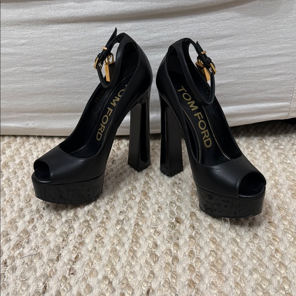 Tom Ford Black Suede Platform Heels with Ankle Strap
